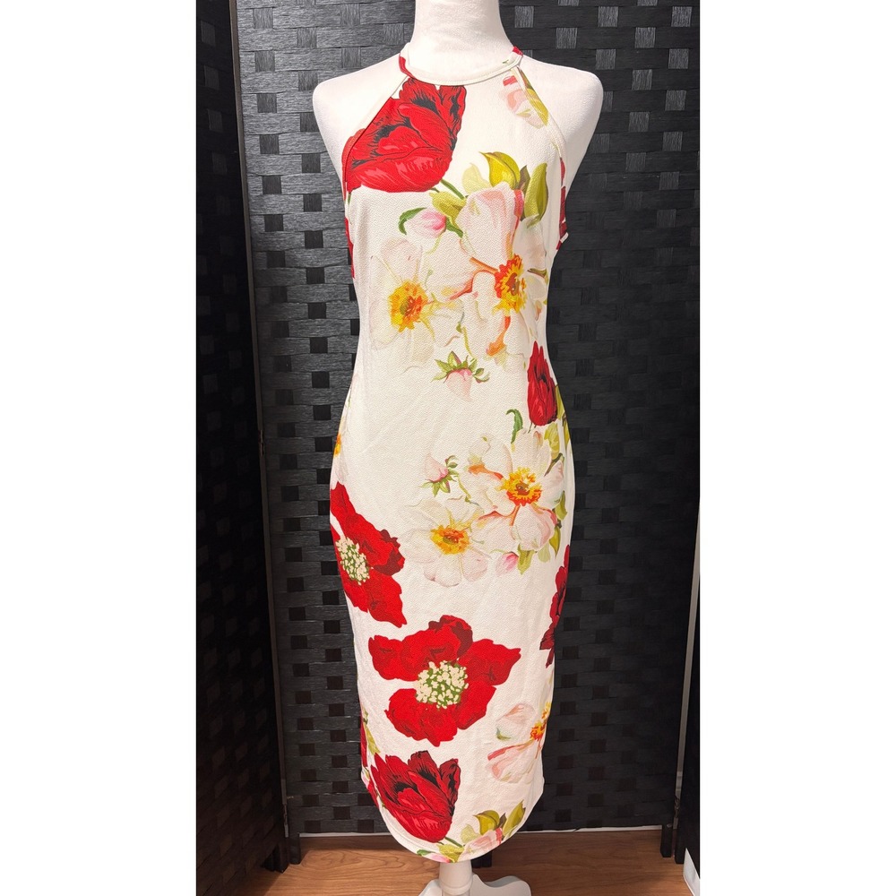 Floral Halter Midi Dress Women M White Red Bodycon Summer Wedding Party Tropical